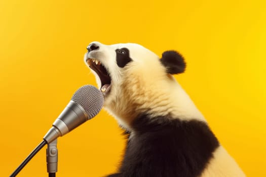 Artistic portrayal of a panda seemingly singing into a microphone, a fun and imaginative take on wildlife with a vibrant yellow background.