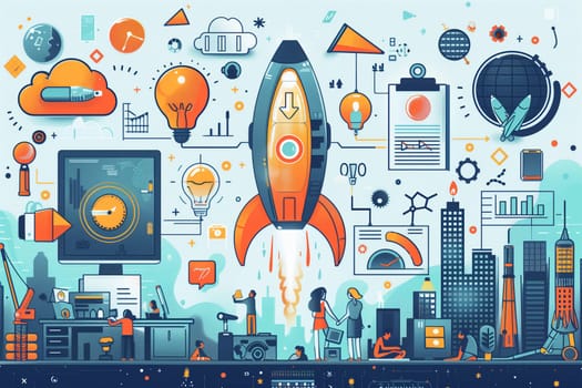 A dynamic representation of a startup launch with a rocket taking off amidst symbols of ideas, technology, and business growth in an urban setting.