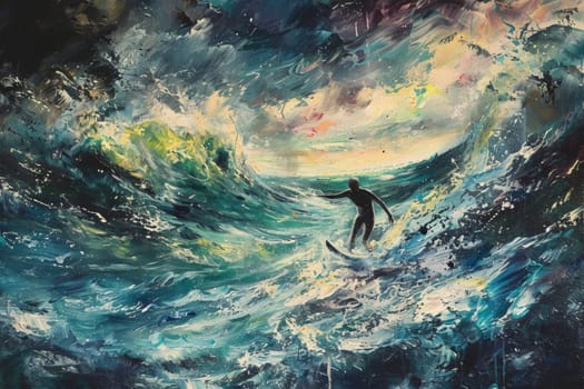 An expressionistic painting portrays the dynamic movement of a surfer riding a tumultuous wave, invoking a sense of passion and risk