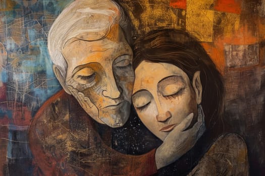 A painting captures a tender moment between two family members, with warm colors and abstract elements evoking emotion and connection