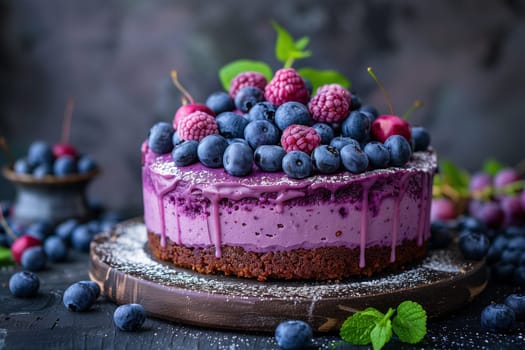 A delicious cake topped with fresh blueberries and raspberries, creating a colorful and flavorful dessert.