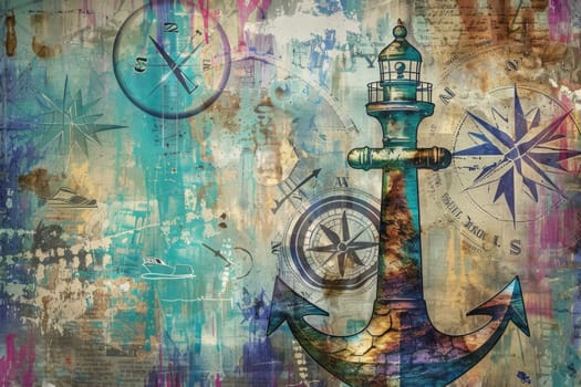 An intricate collage blending nautical and healing symbols, featuring a compass, ship, and lighthouse with a vintage map and textures in the background