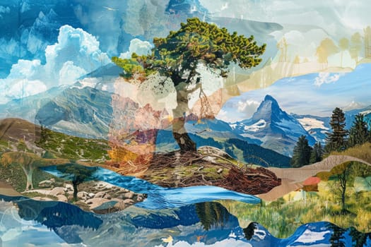 A vibrant collage blending various serene landscapes, highlighting nature's diverse beauty with elements from different seasons and times of day.