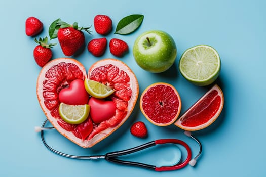 A heart-shaped arrangement of various fruits accompanied by a stethoscope, symbolizing health and nutrition concepts.