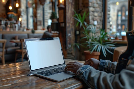 A person sitting at a table, focused on their laptop screen, working or studying. Mockup.