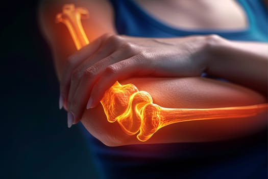 A digitally enhanced representation showing an inflamed elbow joint in bright colors to indicate pain or a medical condition.