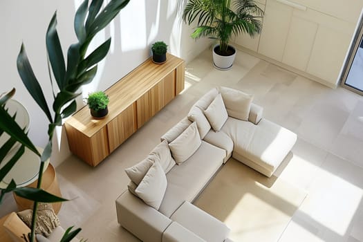 A cozy living room brimming with various pieces of furniture such as a sofa, coffee table, and bookshelves, surrounded by lush green plants adding a refreshing touch to the space.