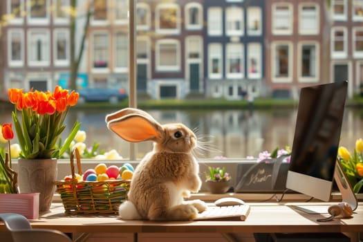 A rabbit is sitting on a desk, facing a computer screen. The cute animal appears to be attentively observing the digital display.