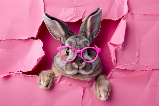 A gray rabbit with glasses looks out of a hole in a pink wall.