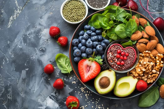 A plate filled with a variety of fresh and colorful fruits, nuts, berries, avocado, and strawberries.