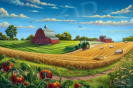 A realistic painting depicting a farm scene with a red tractor, cows, sheep, and chickens in a field with a barn in the background.