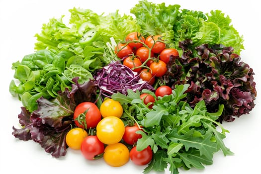 Various types of fresh vegetables stacked in a pile on a clean, white background.