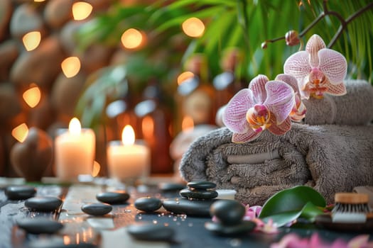 A table adorned with flickering candles and towels embellished with an array of colorful flowers.