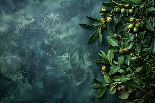Fresh Green Olives on Branch Against Textured Background