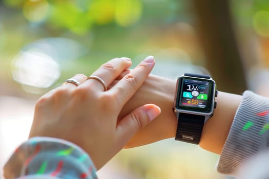 A man looks at a smartwatch on his hand, the screen of which displays information. A woman's fingers tap on the screen.