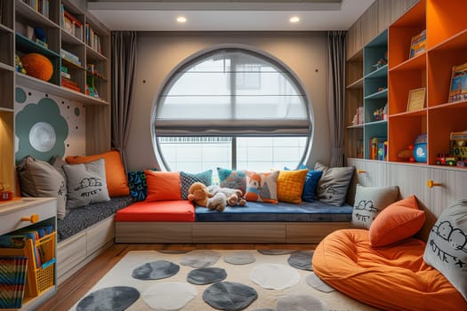 A childs room featuring a large window and numerous bookshelves filled with books and toys.