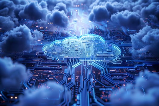 A computer circuit board featuring a prominent cloud design at its center, symbolizing cloud computing technology integration.
