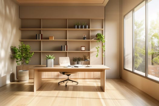 A desk with a modern laptop open on top of it next to a green potted plant, creating a simple workspace environment.