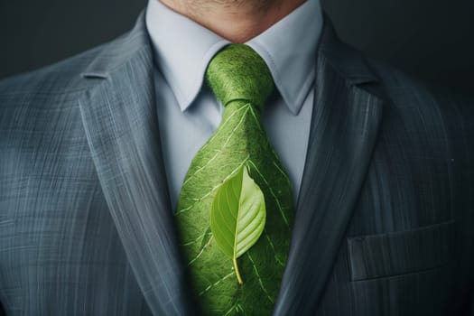 Businessman in suit with green leaf as tie. Environment save concept.