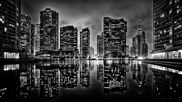 dramatic black and white view of a bustling citys skyline at night, reflecting in the still waters of an urban waterfront - Generative AI
