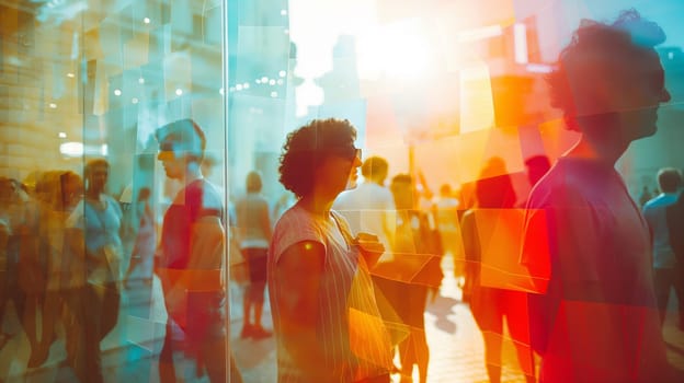 abstract image of crowds of silhouetted people walk along a city street bathed in the warm glow of the setting sun, with reflections in the glass adding depth - Generative AI