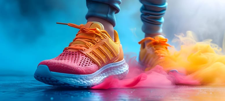 A detailed shot of a humans feet in colorful sneakers, with electric blue accents. The shoes are standing in a puddle of water, adding an element of entertainment to the scene