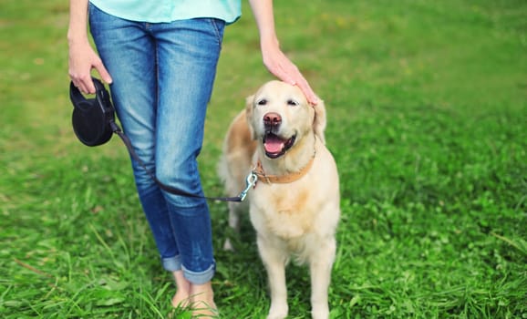 Owner woman walking with her Golden Retriever dog on leash in summer park