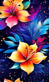 Contrast between bright flowers, dark background gives image special atmosphere, appeal, highlighting its beauty wonder. For home interior, bedroom, living room, childrens room to add bright colors