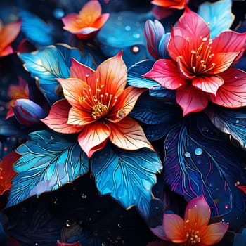 Contrast between bright flowers, dark background gives image special atmosphere, appeal, highlighting its beauty wonder. For home interior, bedroom, living room, childrens room to add bright colors