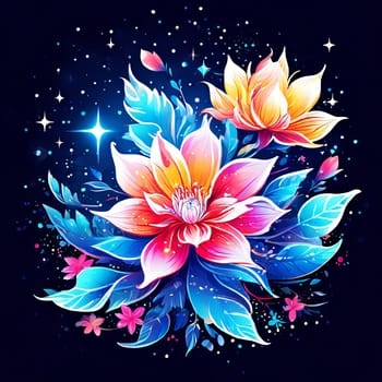 Beautiful lotus on background of blue sky adorned with stars. lotus is symbol of purity, spiritual enlightenment, rebirth. For home interior, bedroom, living room, childrens room to add bright colors