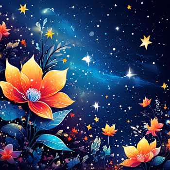 Serene lotus flowers gracefully positioned against backdrop of night sky filled with twinkling stars, creating beautiful, dreamy scene. For interior design, textiles, clothing, gift wrapping, print
