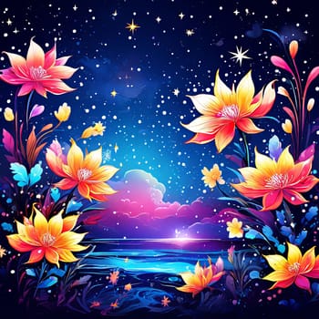 Lotus flowers floating in starry sky. Creating peaceful, enchanting scene that symbolizes purity. For interior design, decoration, art, advertising, web design, as illustration for book, magazine