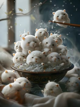 A white glass dish holds a winterinspired still life photography scene with toy stuffed animals sitting in water, resembling a comforting comfort food recipe
