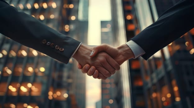 Corporate handshake, moment of agreement, skyscraper office background, Generative AI.