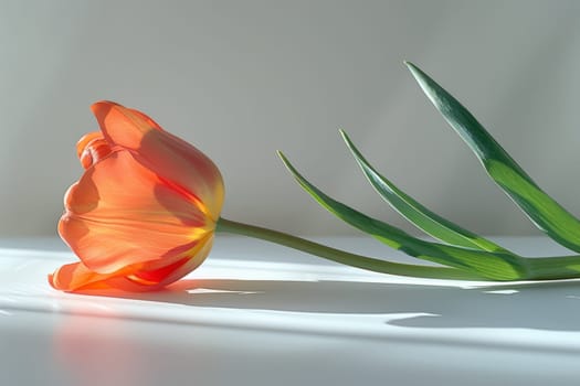 A single Tulip petals on a clean white table in natural light, minimalist composition, Generative AI.