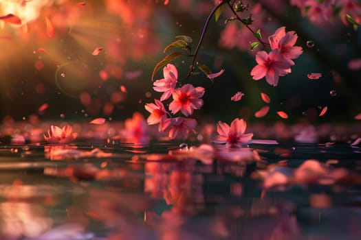 reflection with cherry blossom on water with tree background, Generative AI.