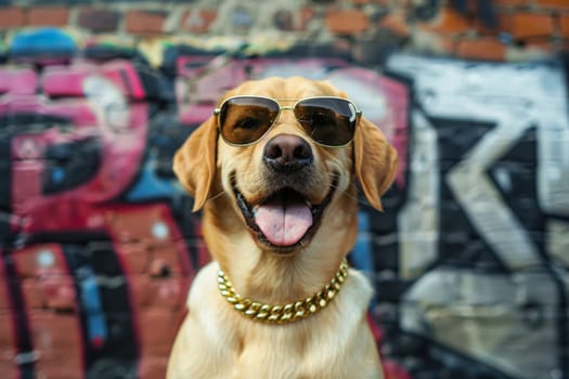 A happy dog with sunglasses and gold chain, looking at camera, Generative AI.
