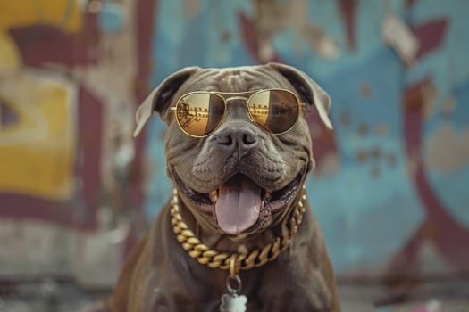 A happy dog with sunglasses and gold chain, looking at camera, Generative AI.