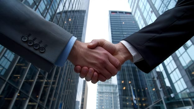 Corporate handshake, moment of agreement, skyscraper office background, Generative AI.