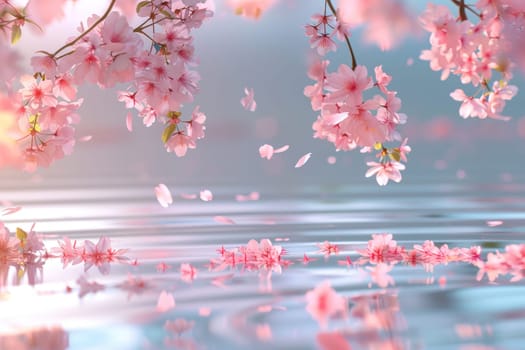 reflection with cherry blossom on water with tree background, Generative AI.