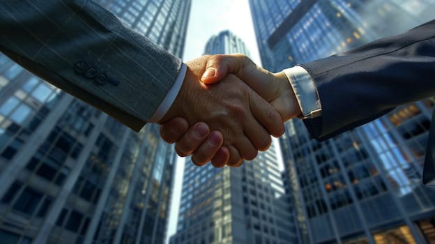Corporate handshake, moment of agreement, skyscraper office background, Generative AI.