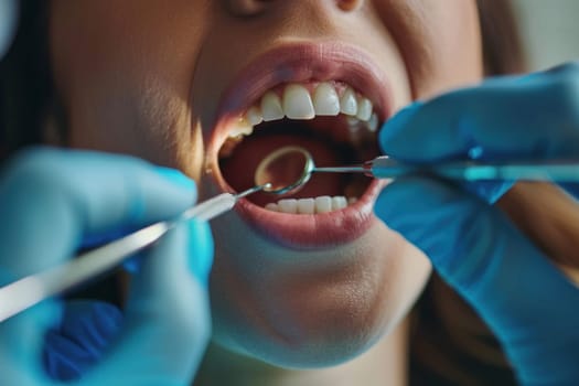 A dentist is cleaning a patient's teeth with a mirror and a dental tool.
