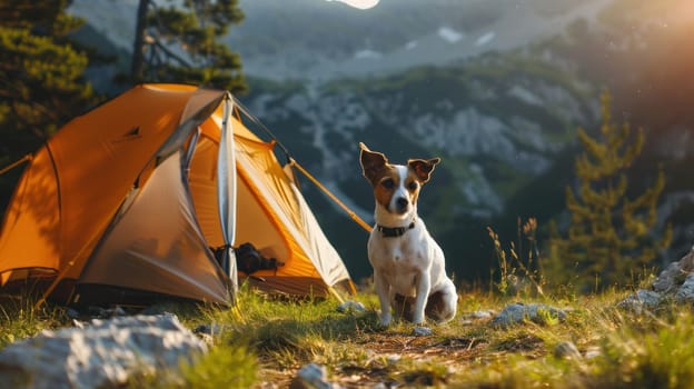 A dog is sitting in a tent looking out at the sunset.