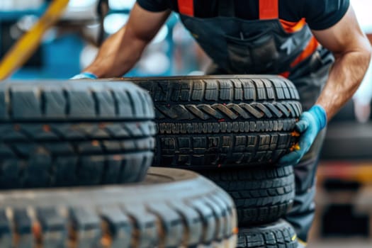 tire at repairing service garage background. Technician man replacing winter and summer tire for safety road trip. Transportation and automotive maintenance concept.