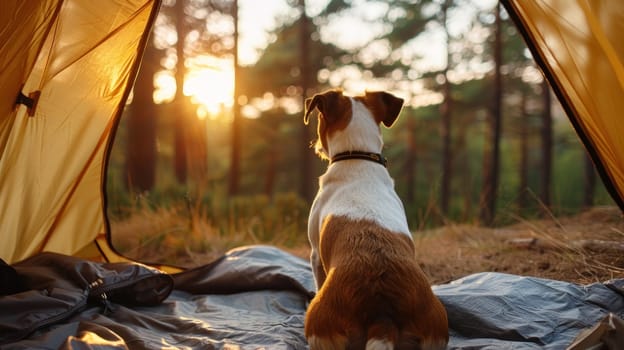 A dog is sitting in a tent looking out at the sunset.