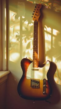 A guitar is hanging on a wall with a shadow of a leafy plant behind it. The guitar is a vintage model and is placed in a room with a window