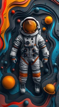 A colorful paper cutout of a man in a spacesuit standing in front of a colorful.