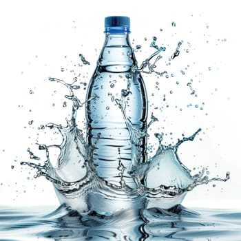 A bottle of water is in the middle of a splash of water isolate on white background.