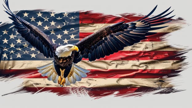 A large eagle is flying over a red, white, and blue American flag.