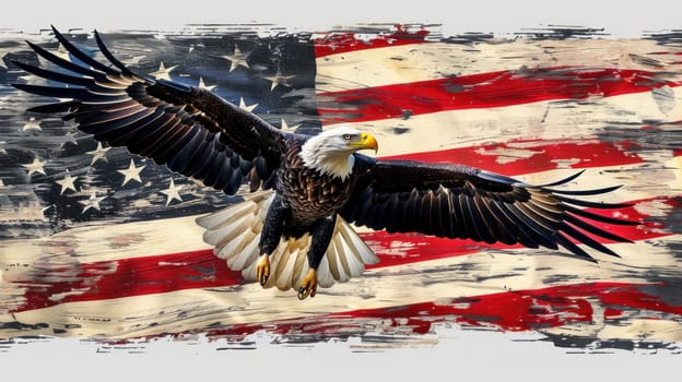 A large eagle is flying over a red, white, and blue American flag.